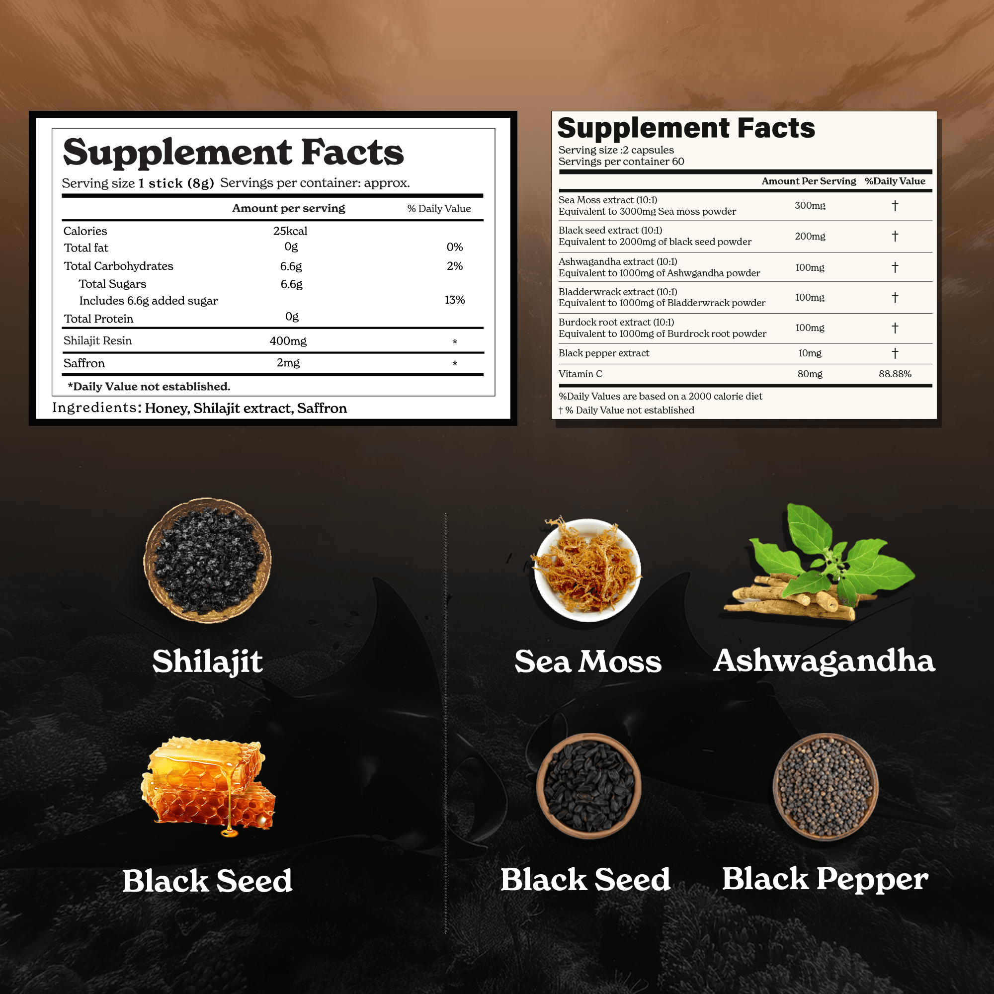 Shilajit Honey Sticks + Irish Sea Moss Capsules